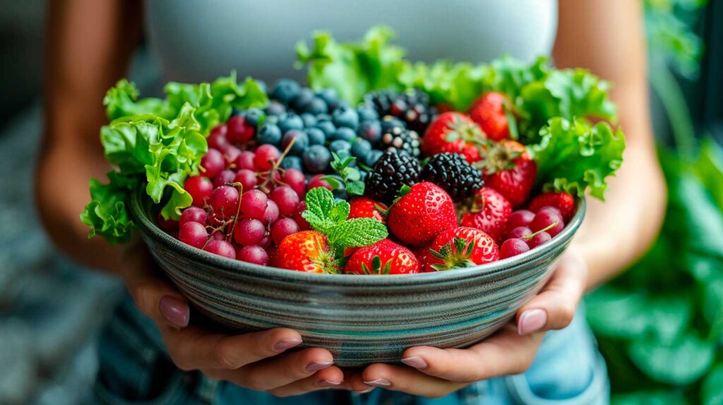 A bowl filled with fresh berries and leafy greens, showcasing healthy food options to consider after a gastric bypass surgery.