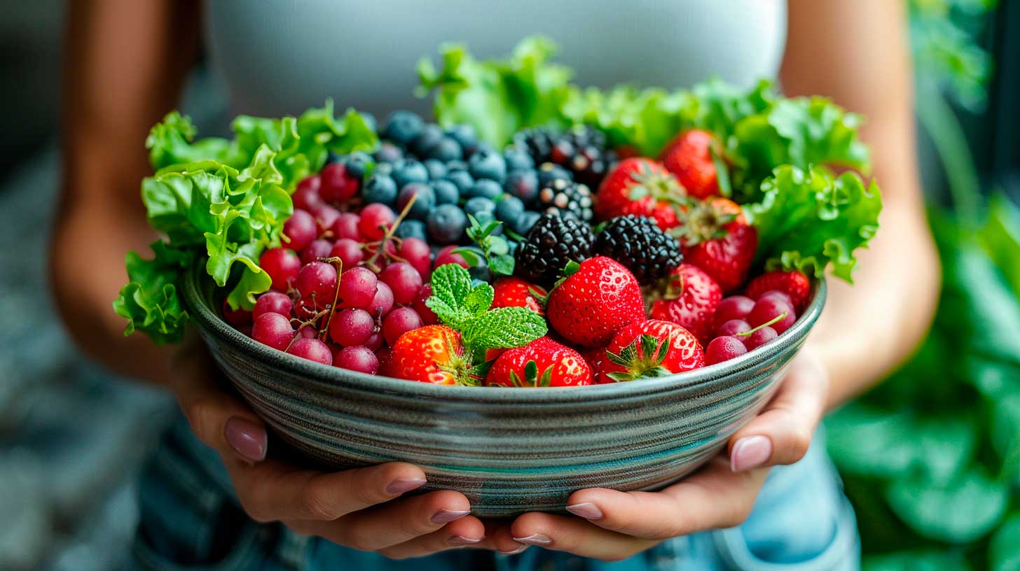 A bowl filled with fresh berries and leafy greens, showcasing healthy food options to consider after a gastric bypass surgery.