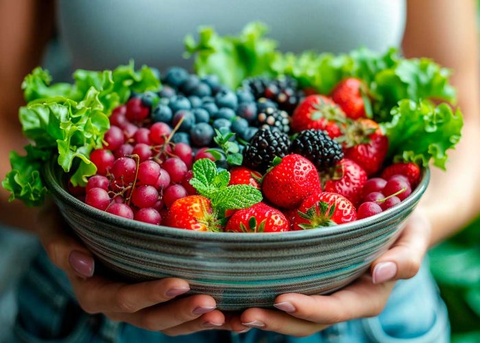 A bowl filled with fresh berries and leafy greens, showcasing healthy food options to consider after a gastric bypass surgery.