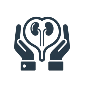 transparent_patient_care_icon Medical icon representing kidney health with hands cradling a heart-shaped kidney symbol.